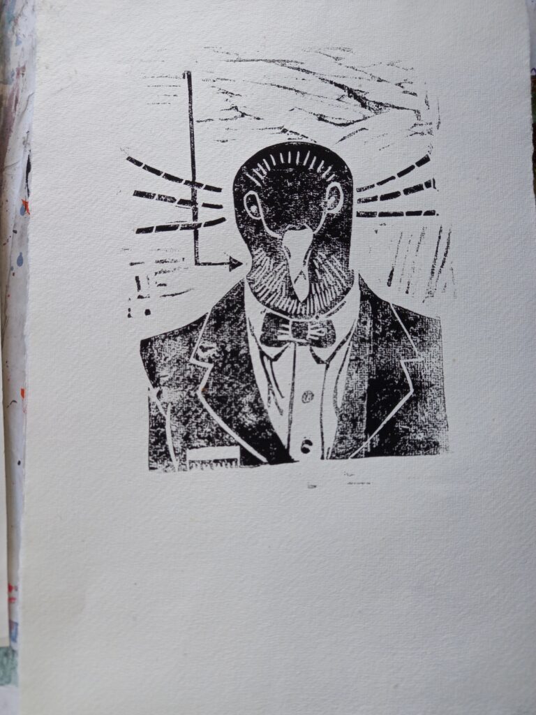 linoldruck taubenkopf schwarz